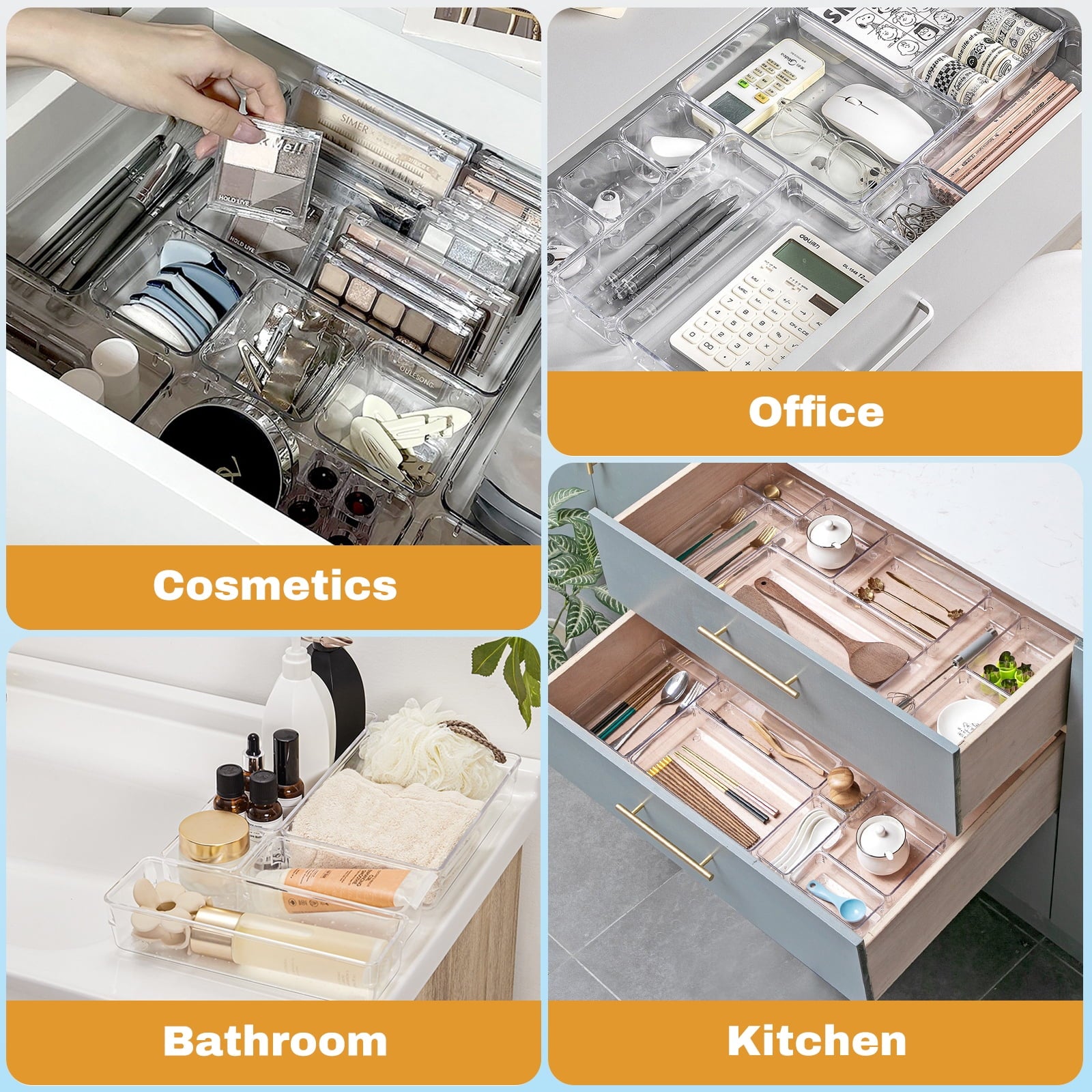 Lockways Clear Plastic Drawer Organizers Makeup Vanity Desk Storage Stackable Multiple Gadgets Organizers for Home Bathroom Office 28 Pcs