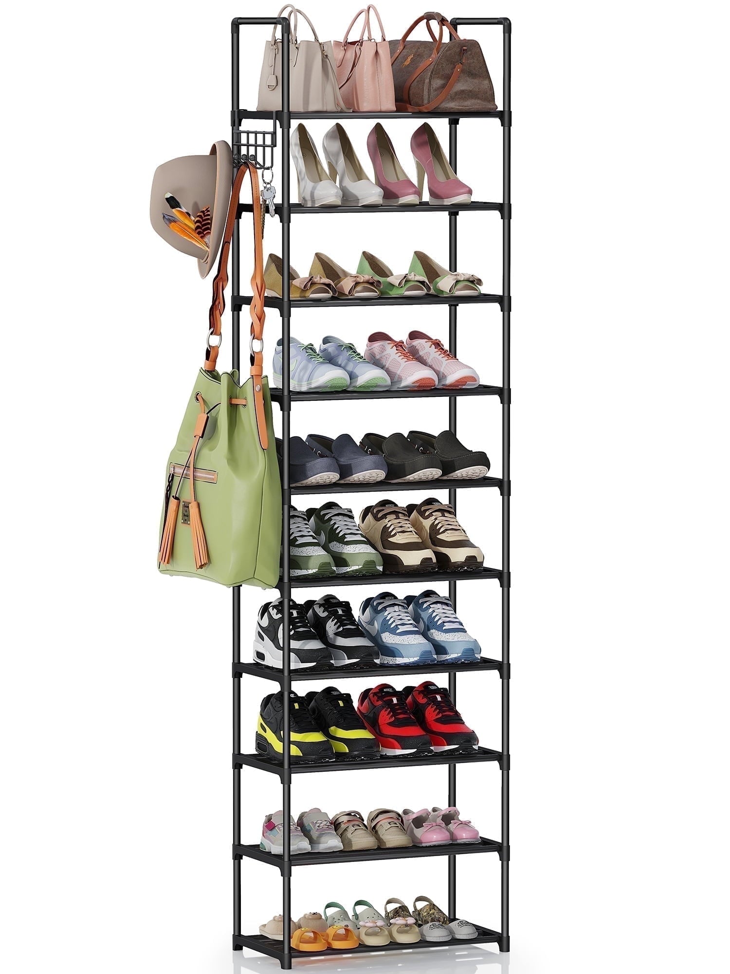 10 Tier Metal Shoes Rack, Bug Hull Narrow Stackable Shoes Shelf with Hooks, Shoe Tower for 20-24 Pairs Shoe and Boots Organizer, Black