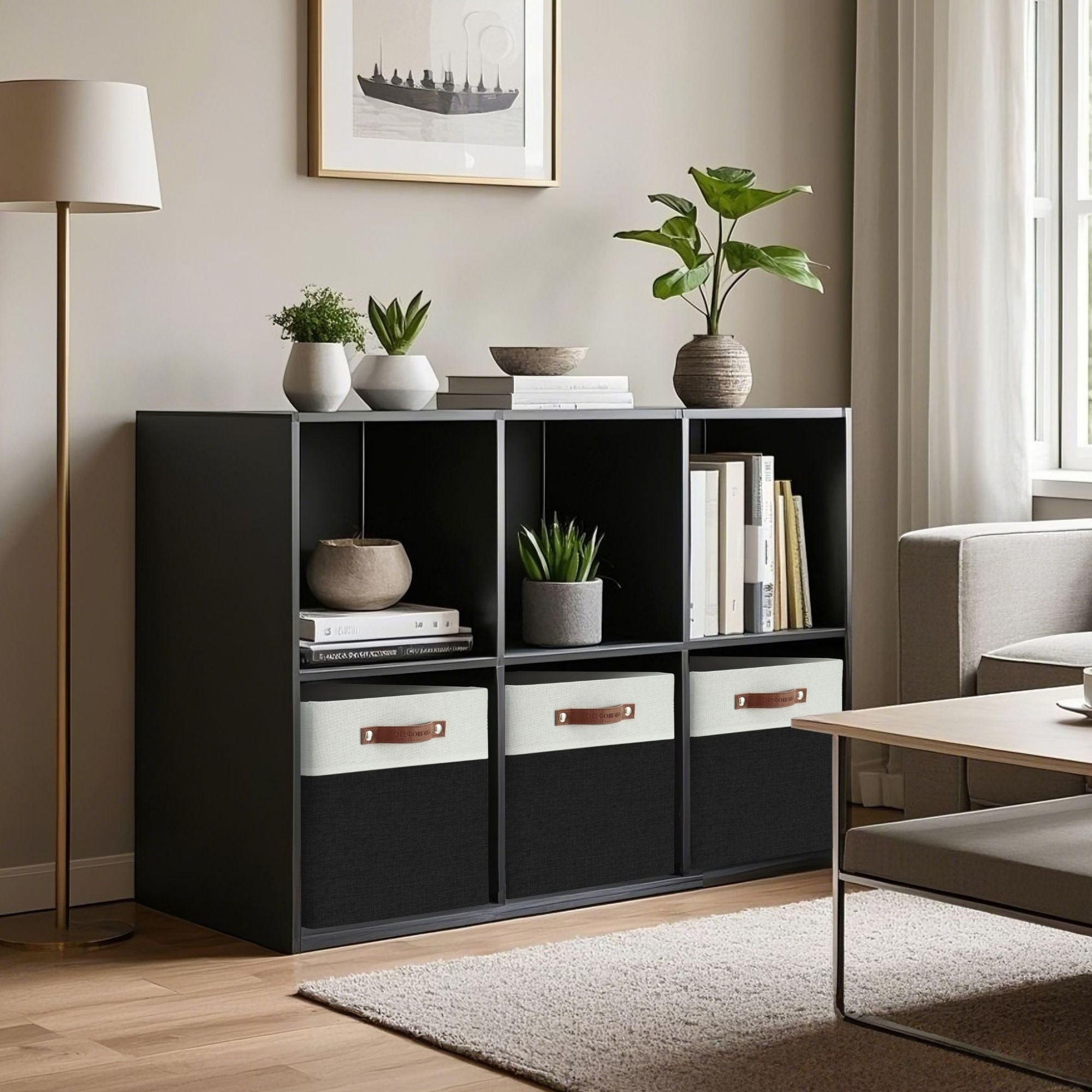 DECOMOMO Fabric Storage Baskets 13" x 15" x 13" Sturdy Collapsible Storage Bins, (Black and White, Set of 3)