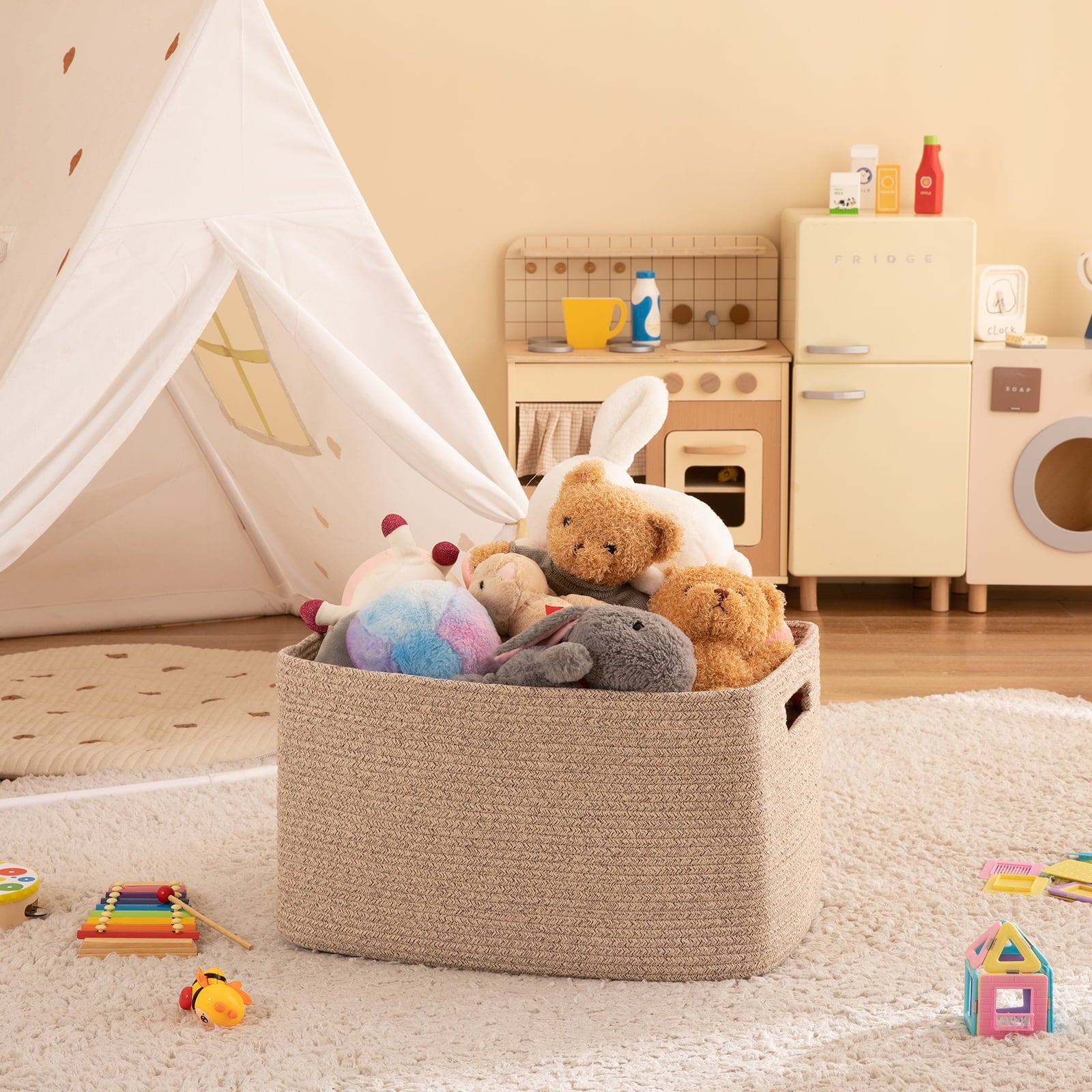 CHERISHGARD 70L Large Laundry Basket, Rectangle Cotton Rope Storage Baskets, Cotton Rope Basket with Handles