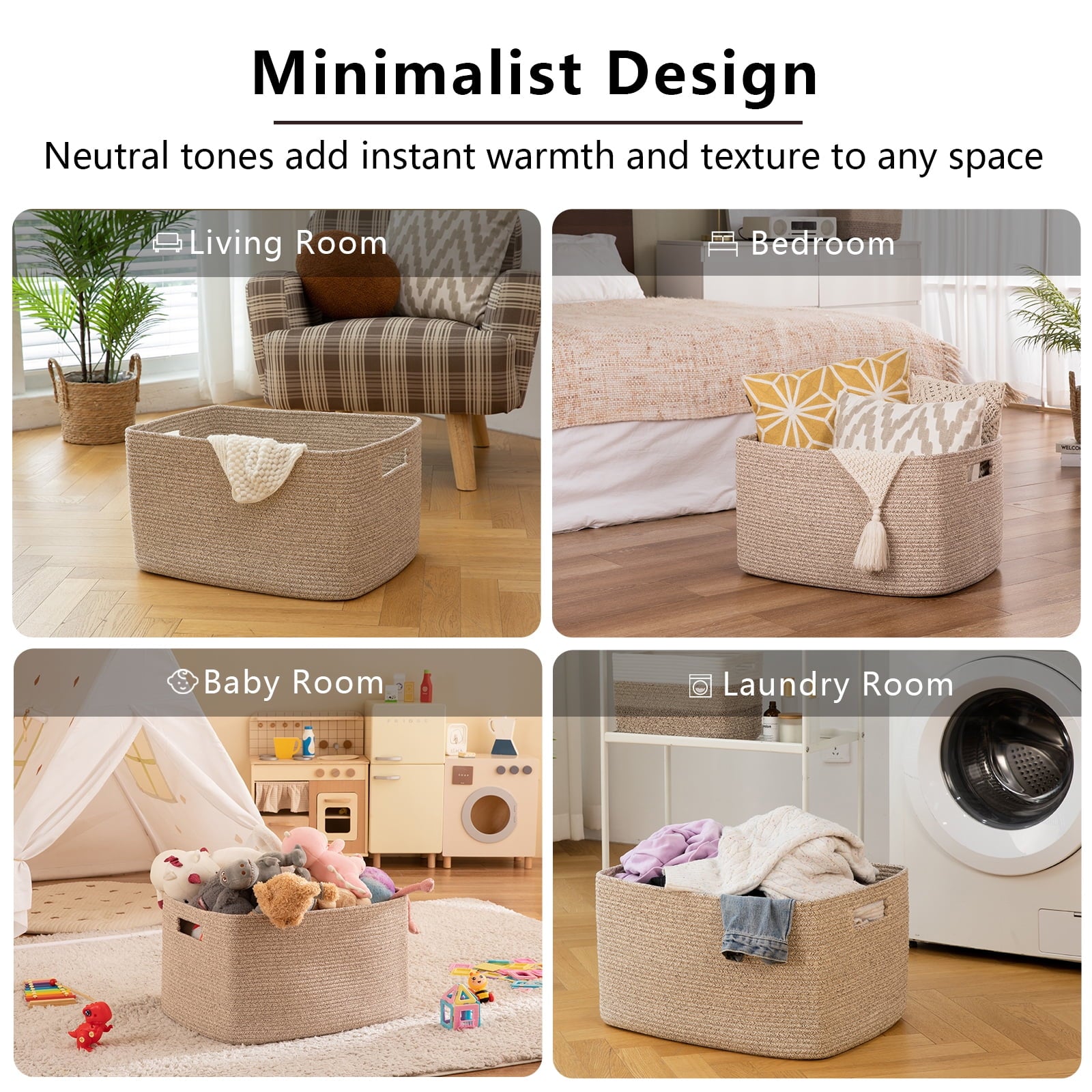 CHERISHGARD 70L Large Laundry Basket, Rectangle Cotton Rope Storage Baskets, Cotton Rope Basket with Handles