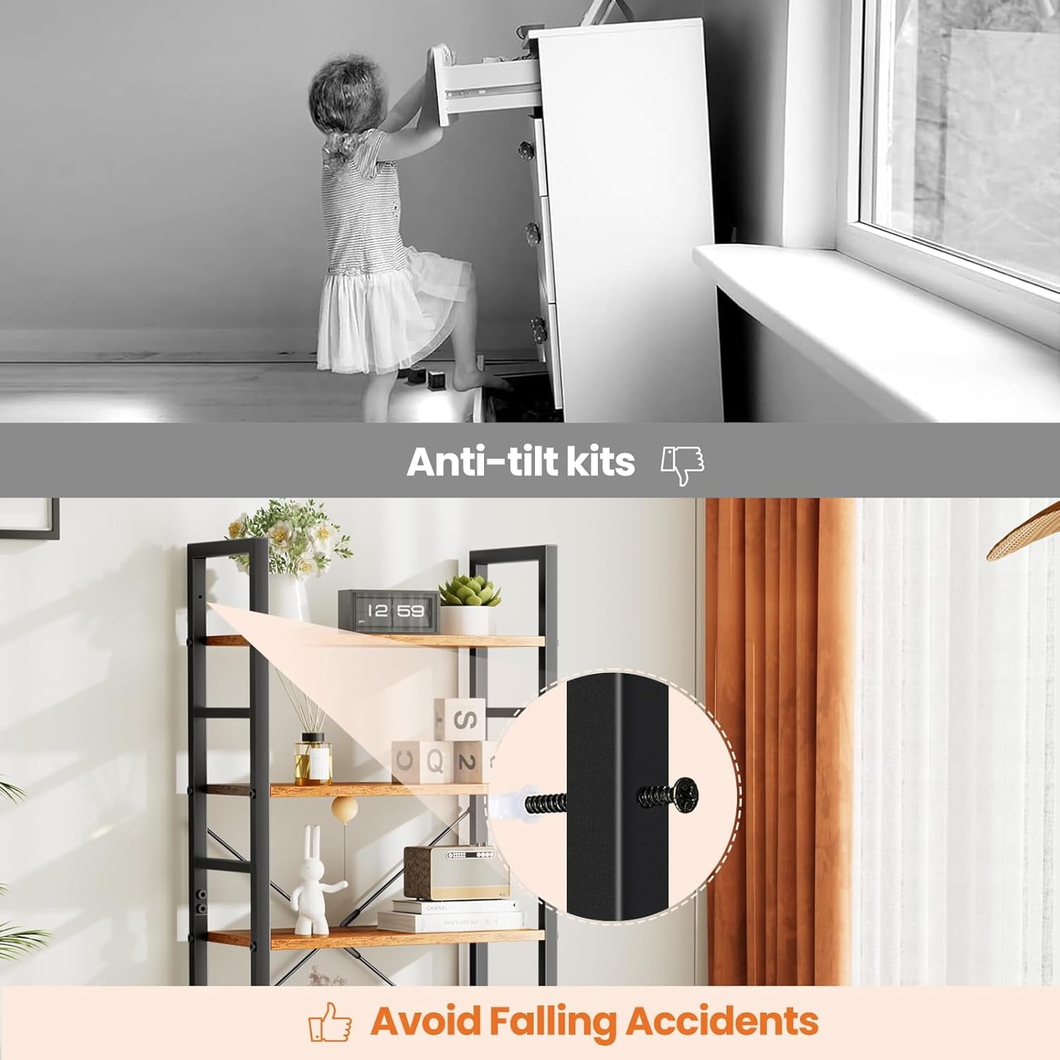 Atilioo 5 Tier Bookcase, 62" Tall Bookshelf, Wooden Storage Organizer with Adjustable Shelves for Living Room, Home Office, Kitchen, Rustic Brown