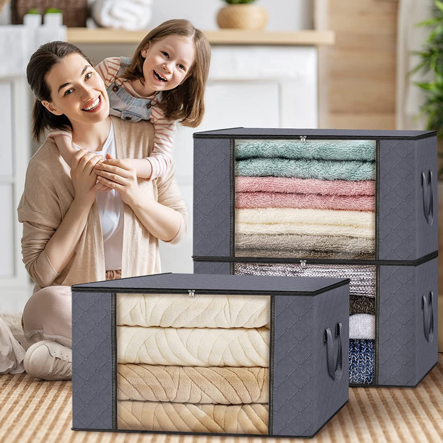 Dofulay 2 Pack Clothes Blanket Storage Bags Clothes Storage Containers 90L Large Capacity Foldable Nonwoven Closet Organizers for Comforters and Bedding,Gray