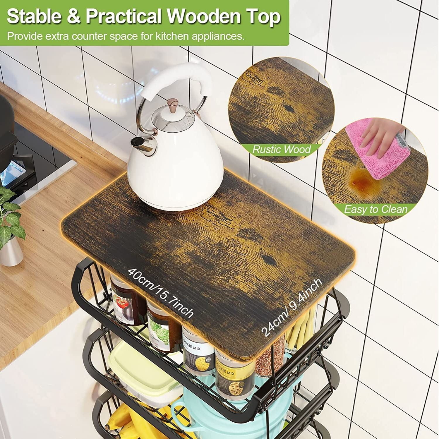 Werseon 4 Tier Fruit Storage Basket, Fruit Vegetable Cart with Solid Wood, Kitchen Storage Rack with Rollers for Pantry