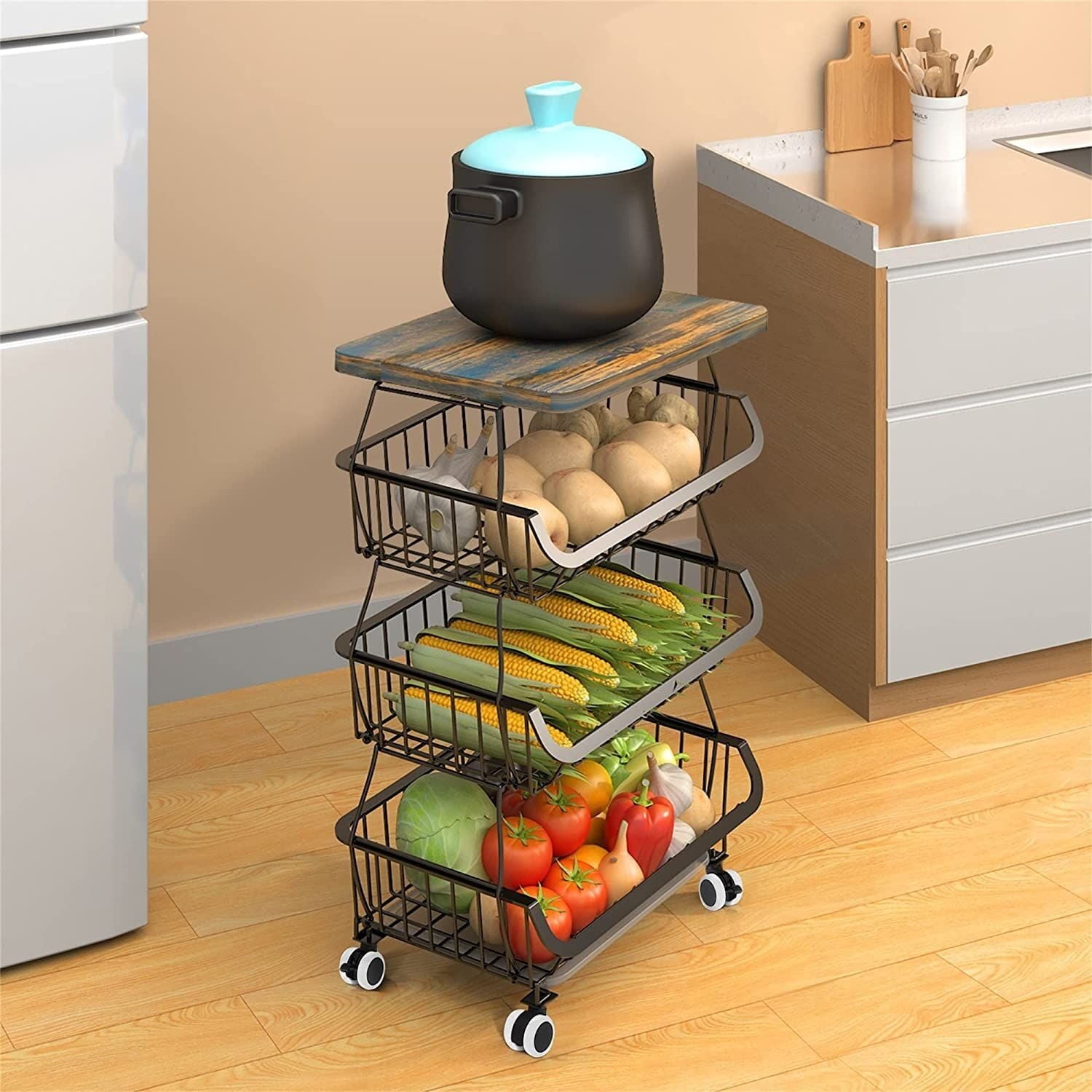 Werseon 4 Tier Fruit Storage Basket, Fruit Vegetable Cart with Solid Wood, Kitchen Storage Rack with Rollers for Pantry