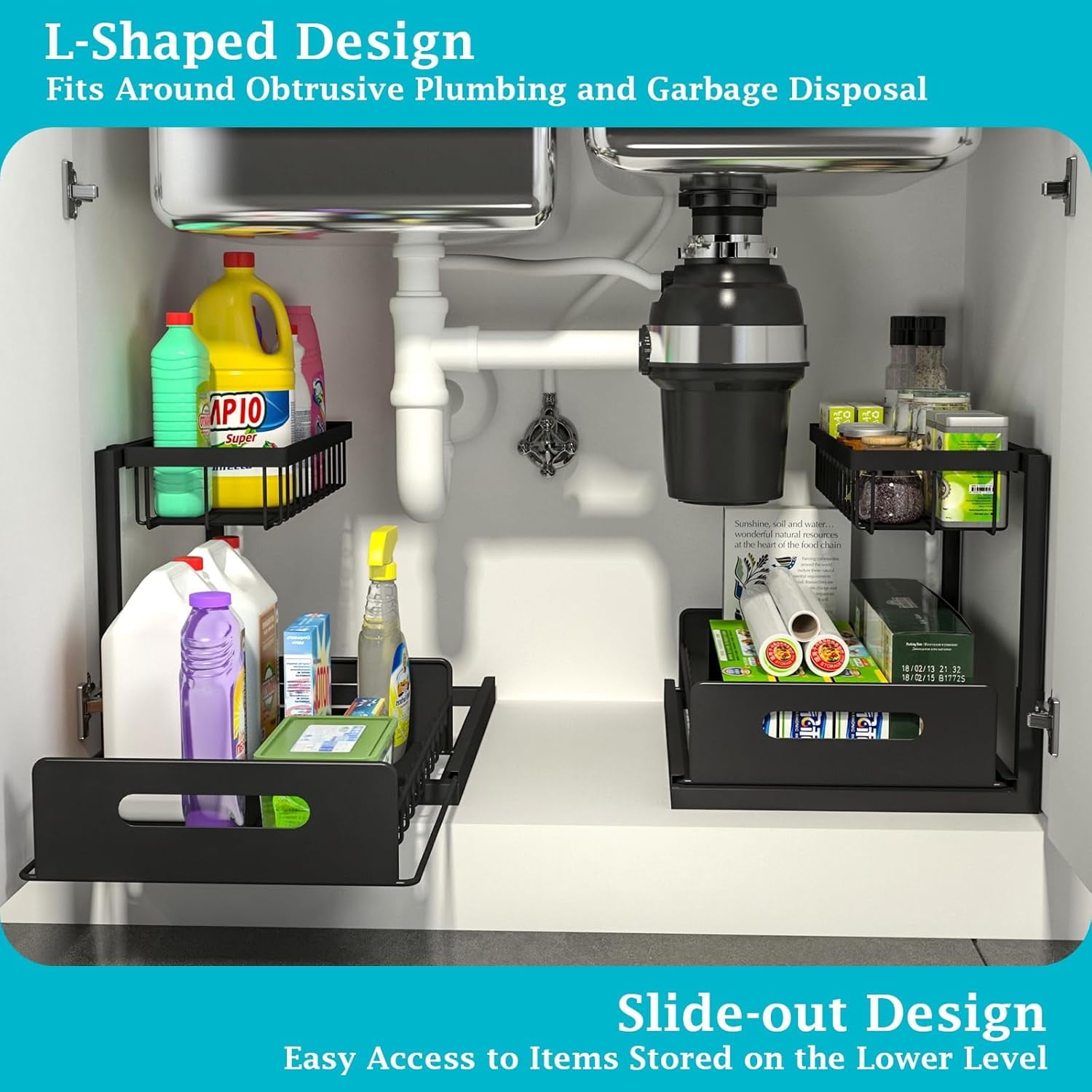 2 Pack Under Sink Organizer and Storage, Pull Out Cabinet Organizer Slide Out Sink Shelf Cabinet Storage Shelves, Under Sink Storage for Kitchen Bathroom Cabinet