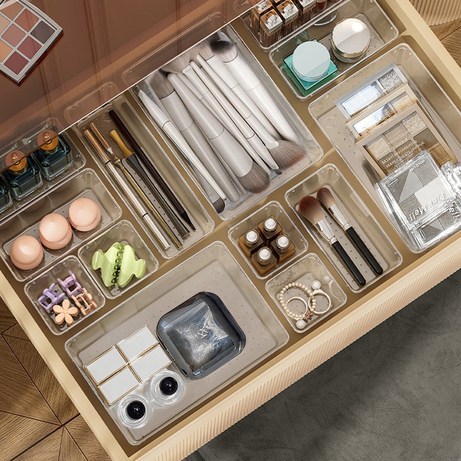 Lockways Clear Plastic Drawer Organizers Makeup Vanity Desk Storage Stackable Multiple Gadgets Organizers for Home Bathroom Office 28 Pcs