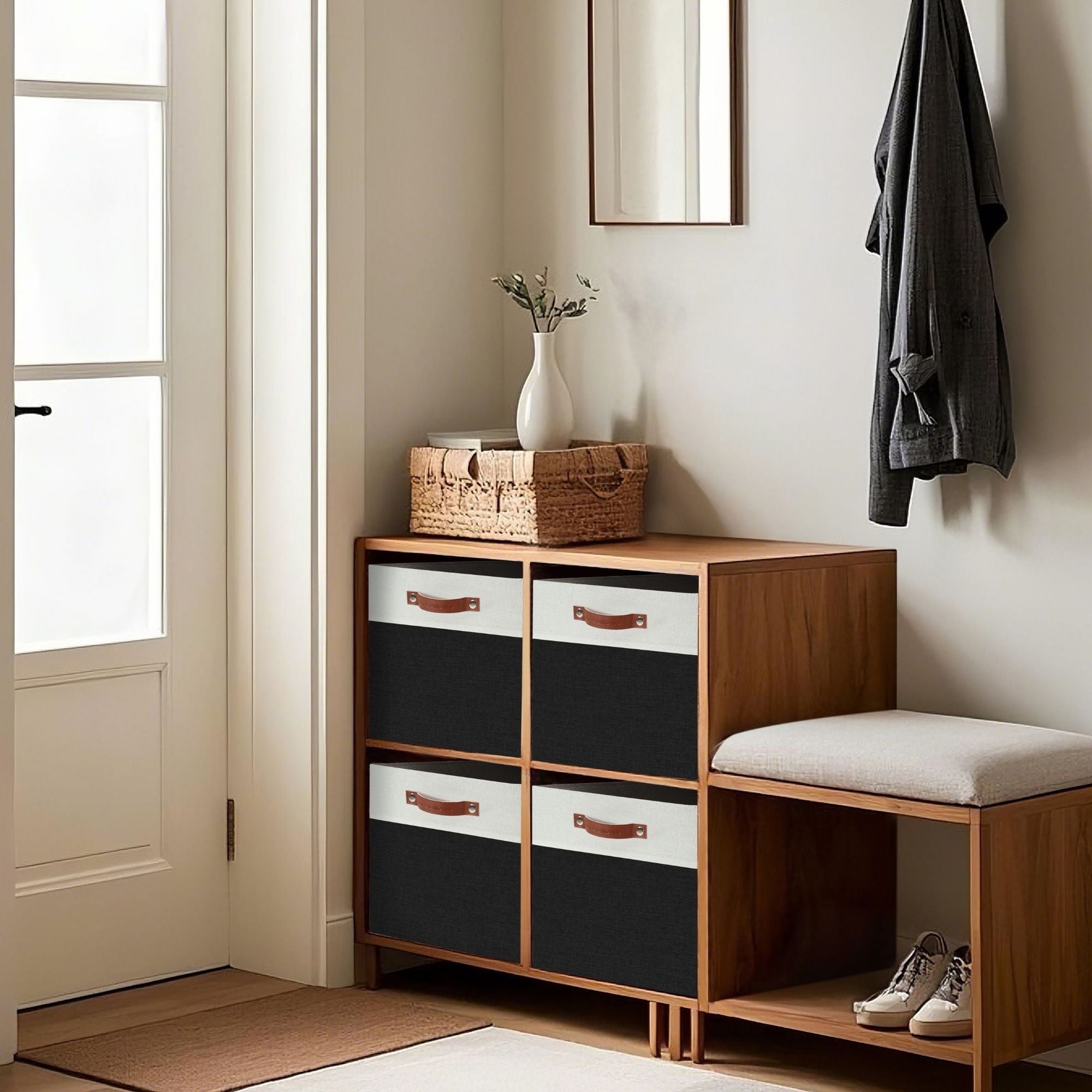 DECOMOMO Fabric Storage Baskets 13" x 15" x 13" Sturdy Collapsible Storage Bins, (Black and White, Set of 3)