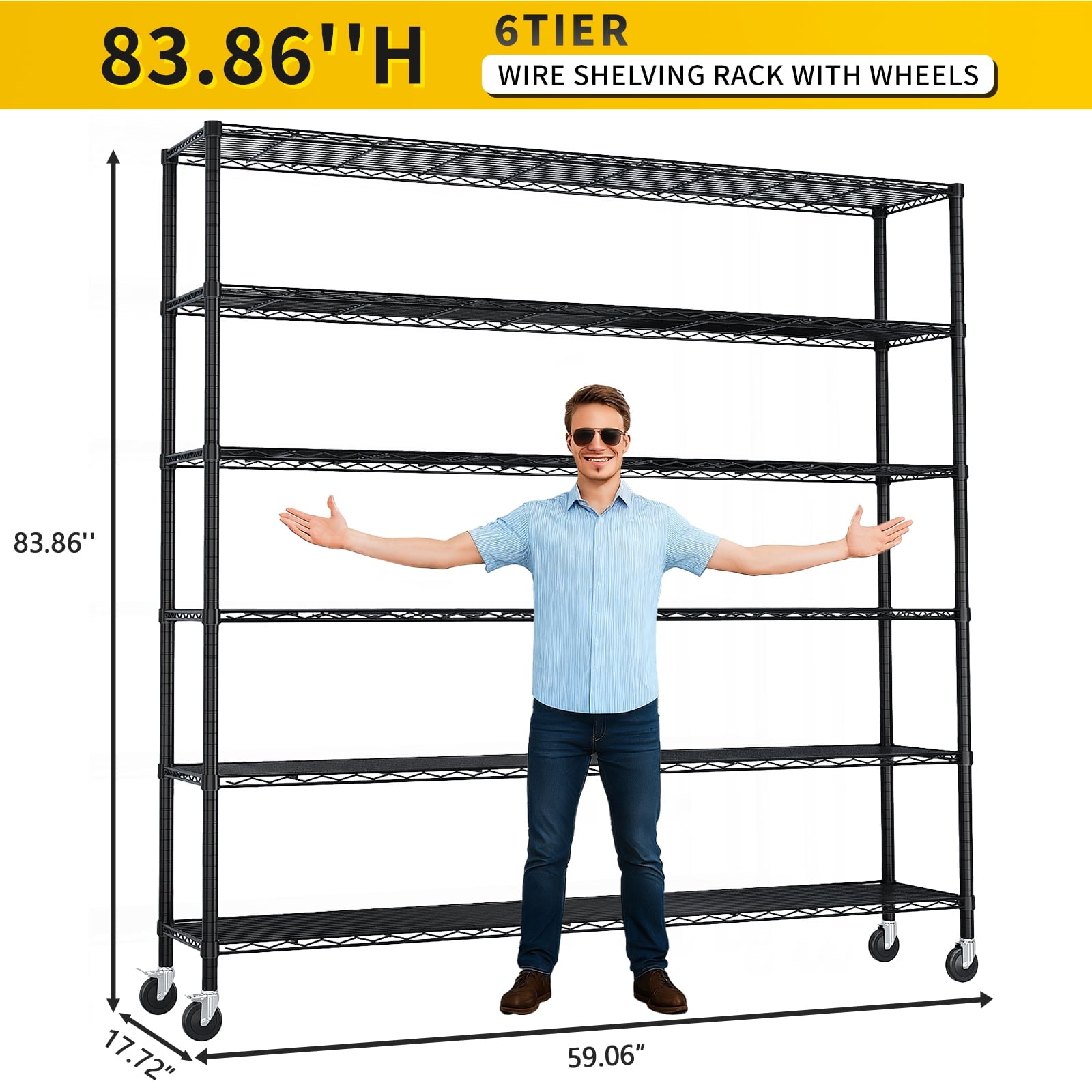 Ktaxon 6-Tier Steel Shelving Unit with Wheels, 59"W  Storage Shelving Rack, 3900LBS Heavy Duty Adjustable Wire Shelf, 59"W x 84" H x 18" D