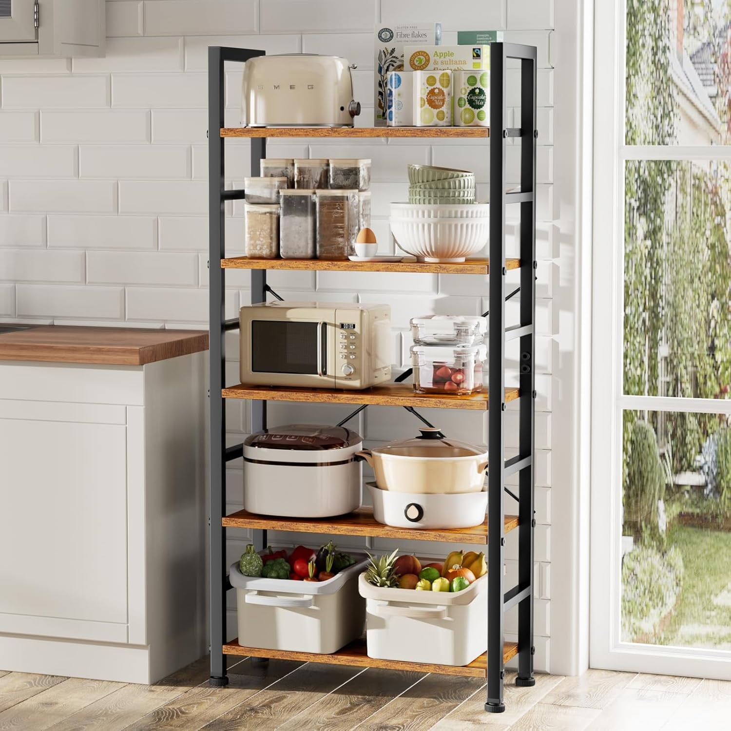 Atilioo 5 Tier Bookcase, 62" Tall Bookshelf, Wooden Storage Organizer with Adjustable Shelves for Living Room, Home Office, Kitchen, Rustic Brown