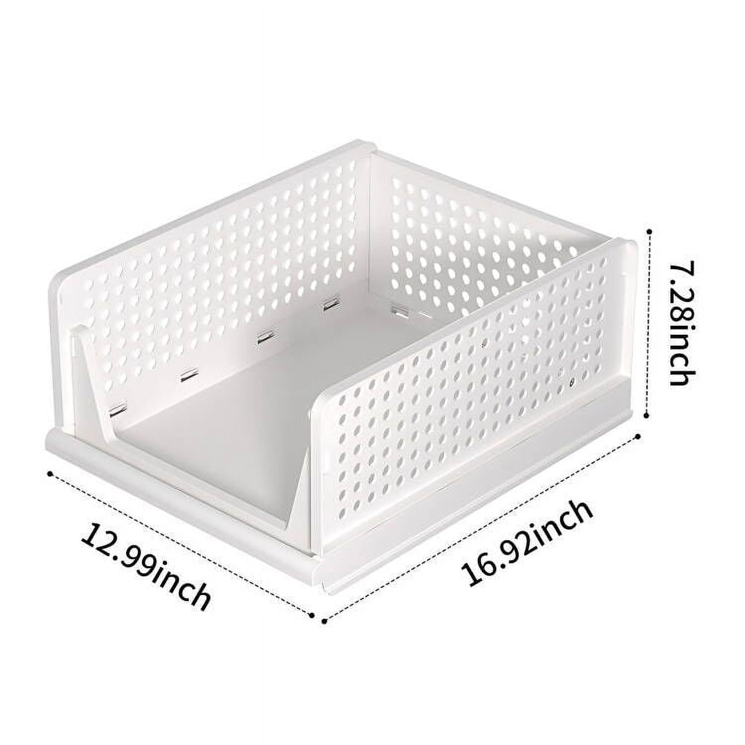 TINANA Stackable Plastic Storage Basket 4 Pack, Drawer Shelf Storage Container, Foldable Closet Organizers and Storage Bins for Wardrobe Cupboard Kitchen Bathroom Office-White