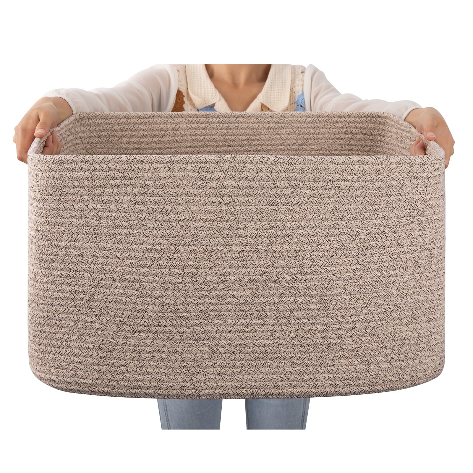 CHERISHGARD 70L Large Laundry Basket, Rectangle Cotton Rope Storage Baskets, Cotton Rope Basket with Handles