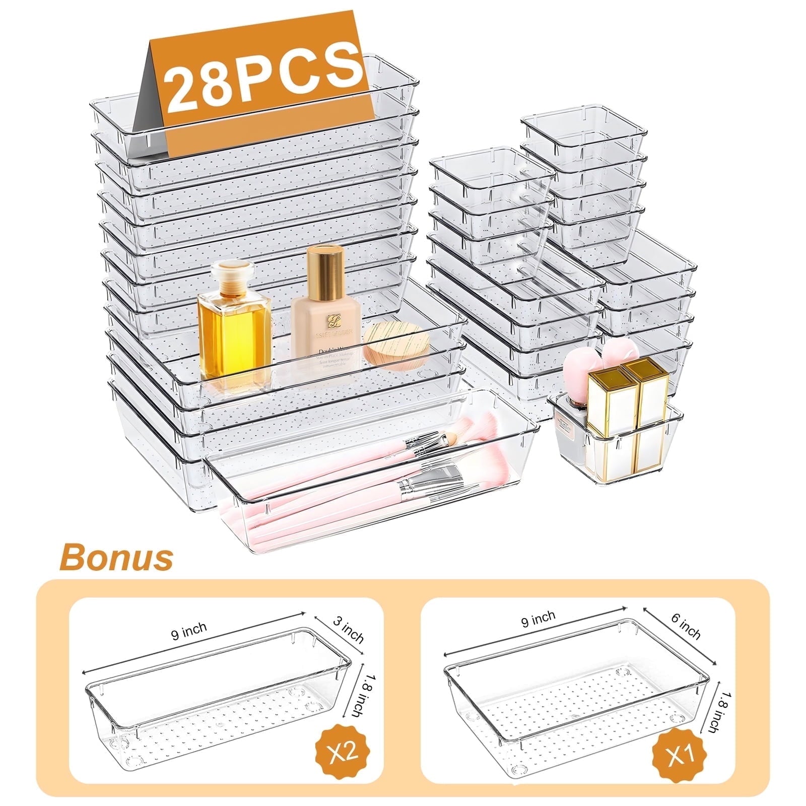 Lockways Clear Plastic Drawer Organizers Makeup Vanity Desk Storage Stackable Multiple Gadgets Organizers for Home Bathroom Office 28 Pcs