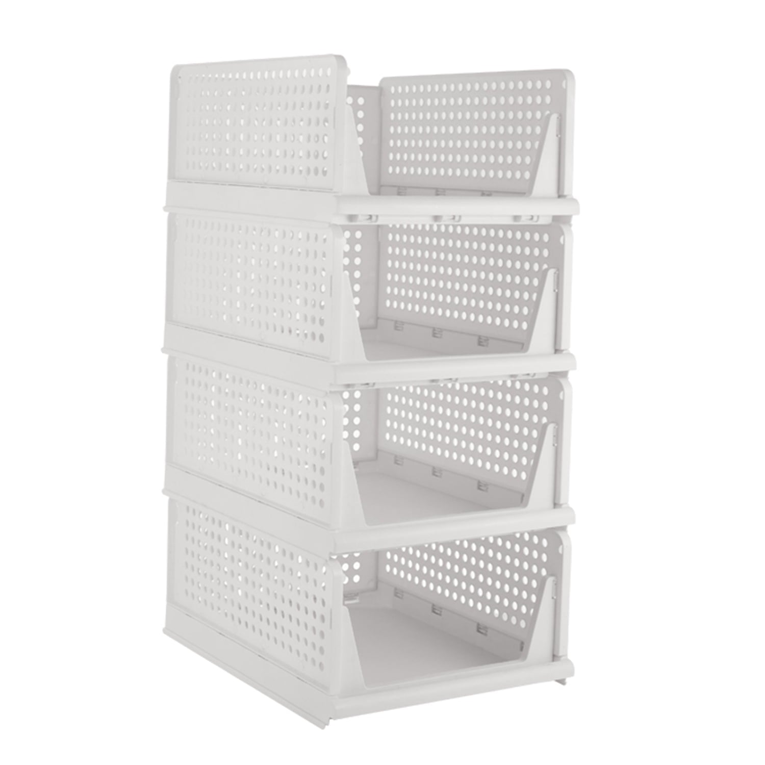 TINANA Stackable Plastic Storage Basket 4 Pack, Drawer Shelf Storage Container, Foldable Closet Organizers and Storage Bins for Wardrobe Cupboard Kitchen Bathroom Office-White