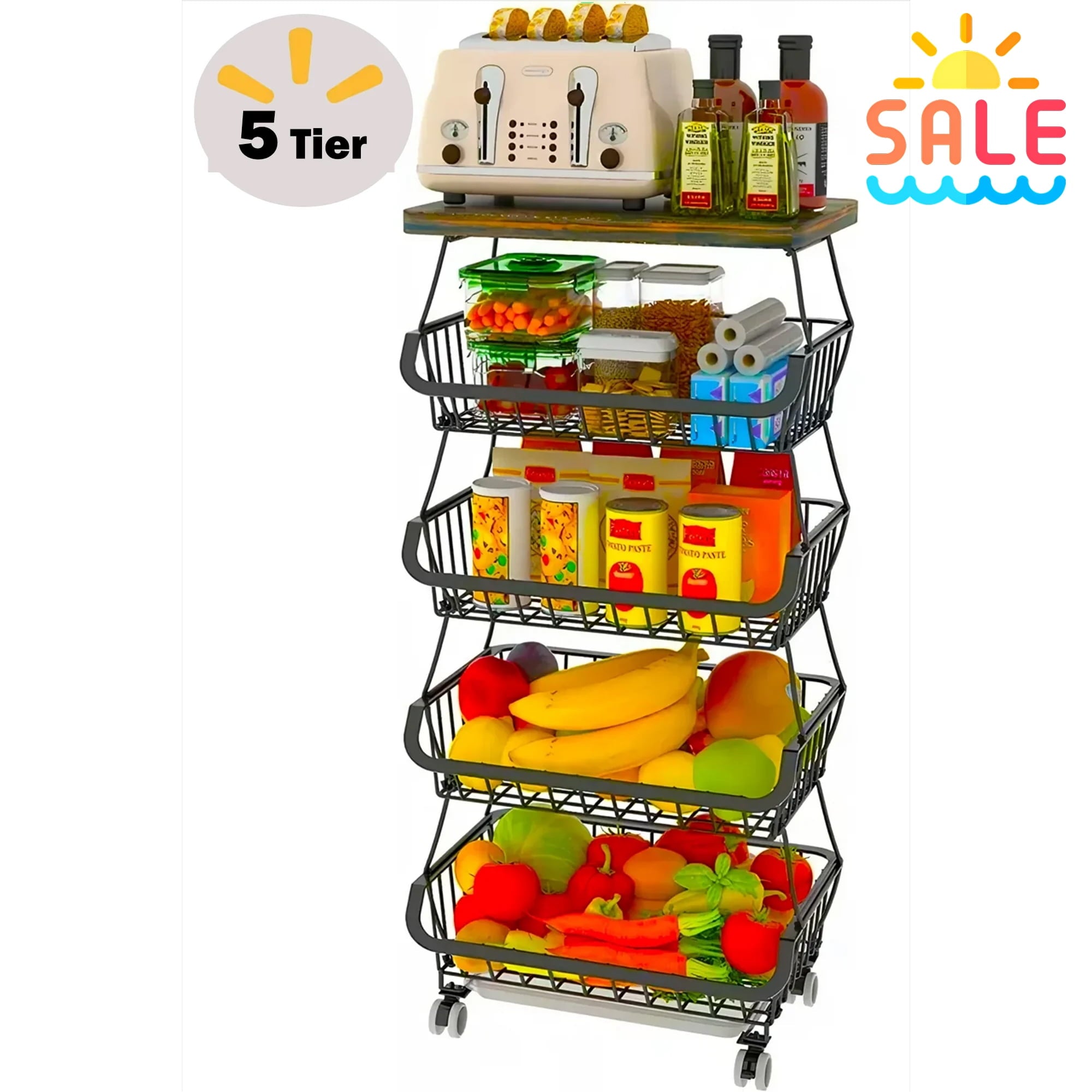 Werseon 4 Tier Fruit Storage Basket, Fruit Vegetable Cart with Solid Wood, Kitchen Storage Rack with Rollers for Pantry