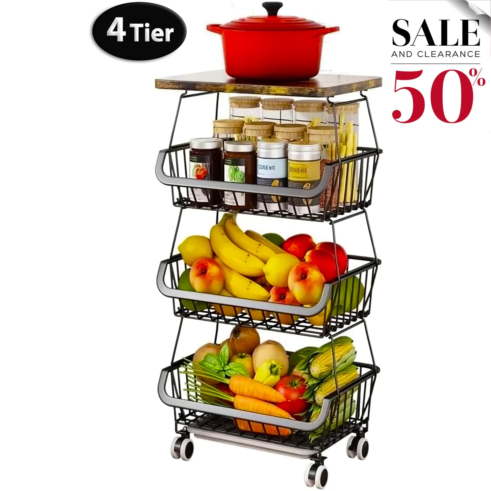 Werseon 4 Tier Fruit Storage Basket, Fruit Vegetable Cart with Solid Wood, Kitchen Storage Rack with Rollers for Pantry