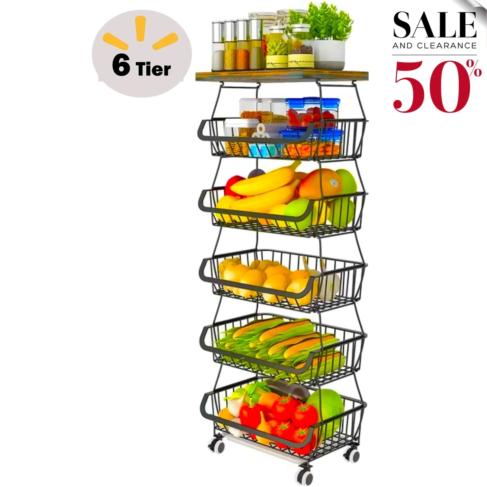 Werseon 4 Tier Fruit Storage Basket, Fruit Vegetable Cart with Solid Wood, Kitchen Storage Rack with Rollers for Pantry