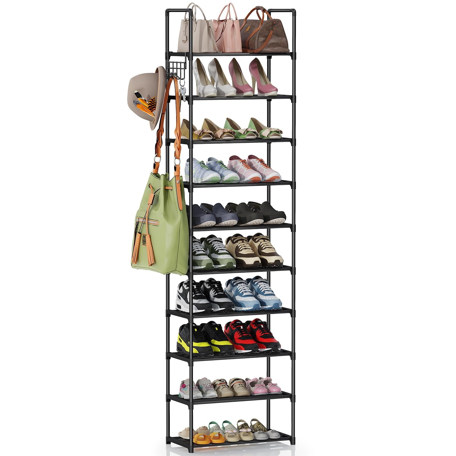 10 Tier Metal Shoes Rack, Bug Hull Narrow Stackable Shoes Shelf with Hooks, Shoe Tower for 20-24 Pairs Shoe and Boots Organizer, Black