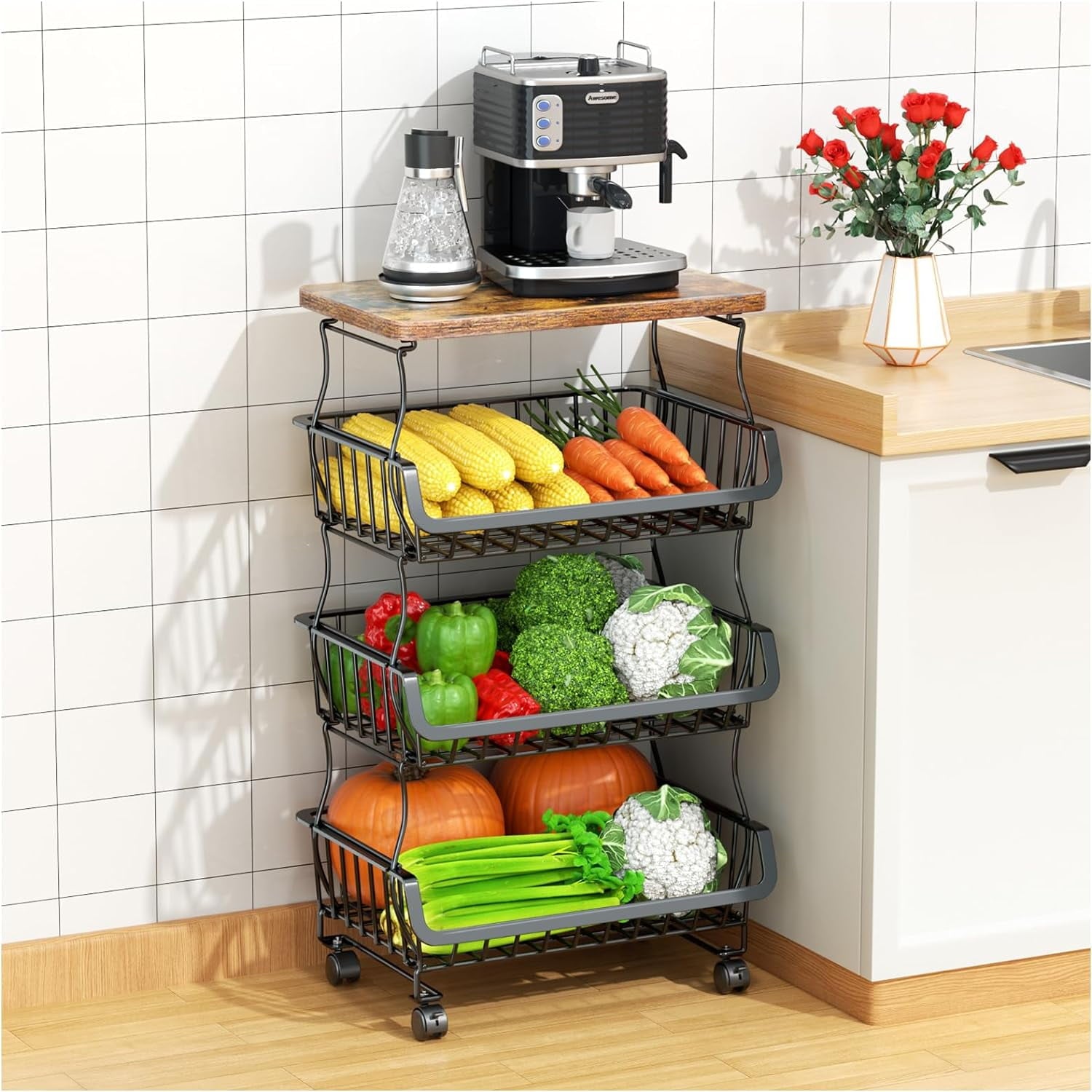 Werseon 4 Tier Fruit Storage Basket, Fruit Vegetable Cart with Solid Wood, Kitchen Storage Rack with Rollers for Pantry