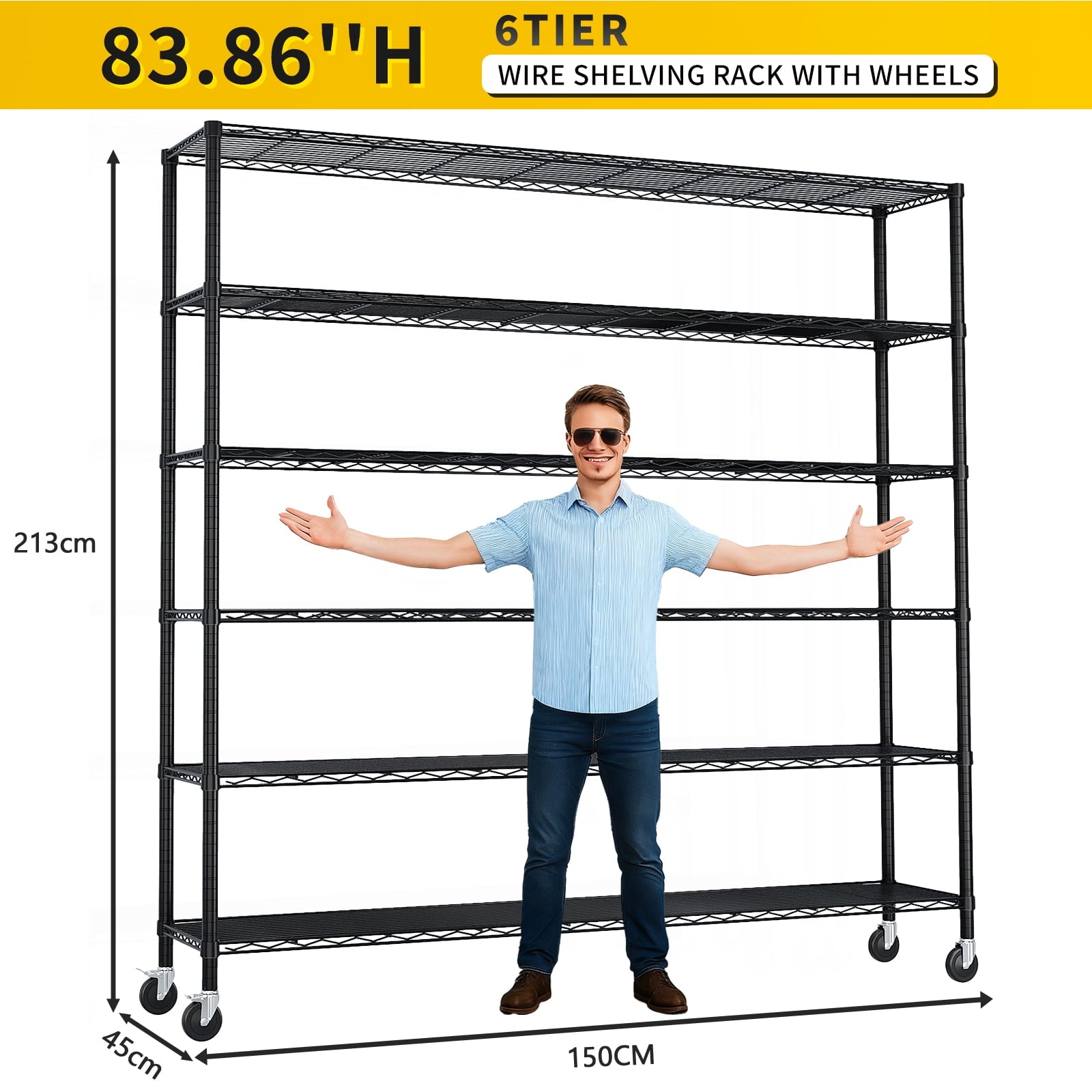 Ktaxon 6-Tier Steel Shelving Unit with Wheels, 59"W  Storage Shelving Rack, 3900LBS Heavy Duty Adjustable Wire Shelf, 59"W x 84" H x 18" D