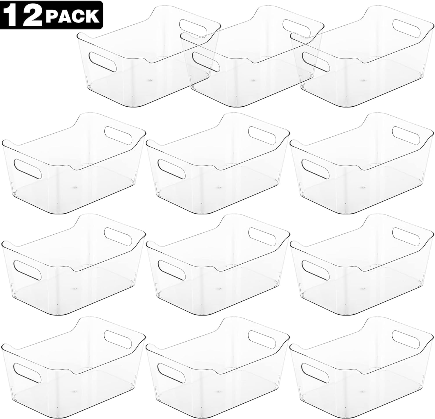 12 Pack Plastic Storage Bins, Multi-Use Organizer Bins, Pantry Organizer, Clear Storage Containers for Home, Kitchen, Office, Cabinet, Shelf and Fridge Organization